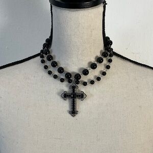 Elegant Black Beaded Cross Necklace